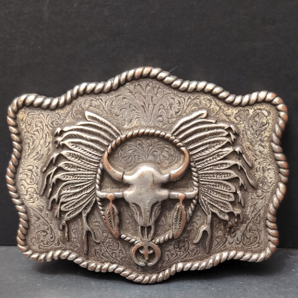 Western/Navajo Style Metal Belt Buckle, Features A Longhorn Skull with Feathers.
